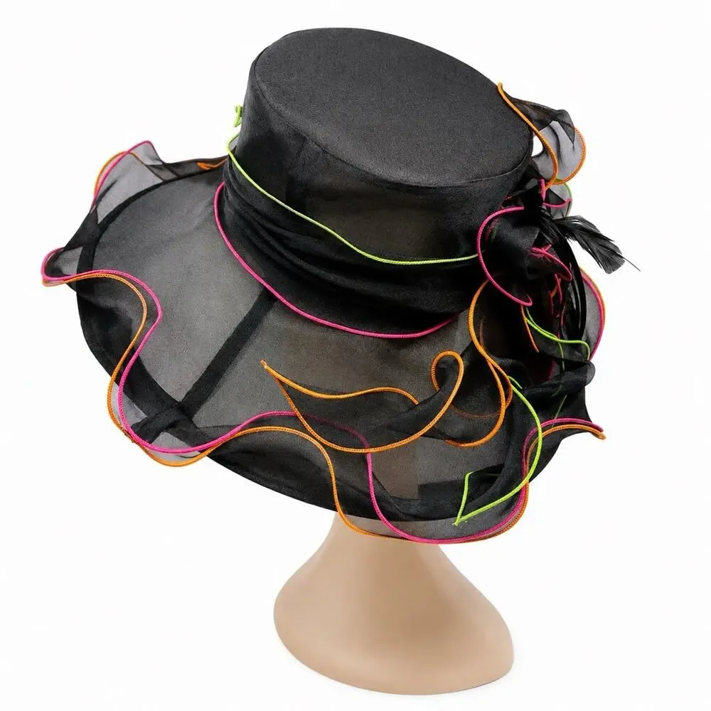 Y2K Black Organza Kentucky Derby Hat Wide Brim Neon Trim Feather Race Day Vtg